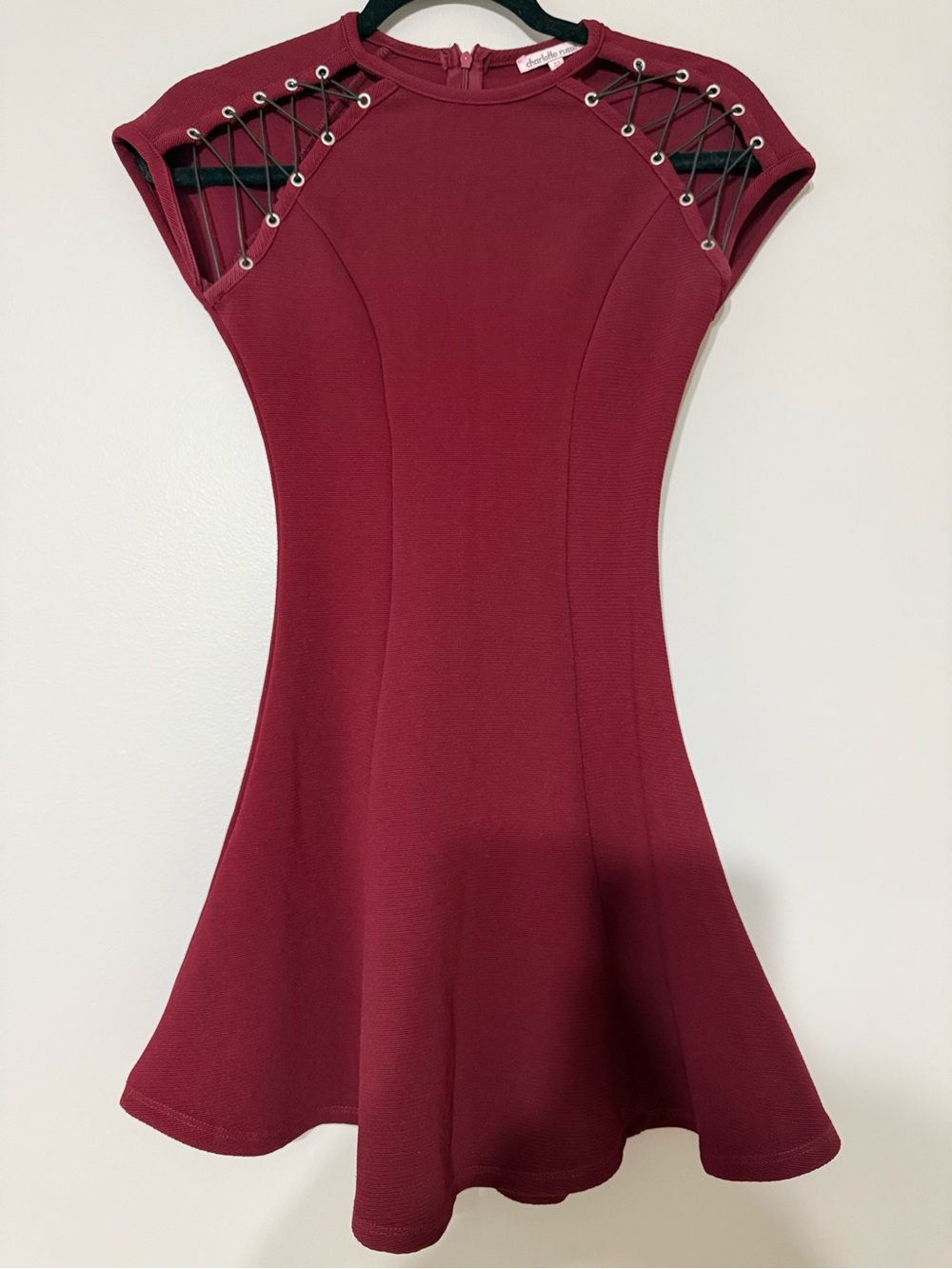 Fitted Lace-Up Shoulder Burgundy Skater Dress
